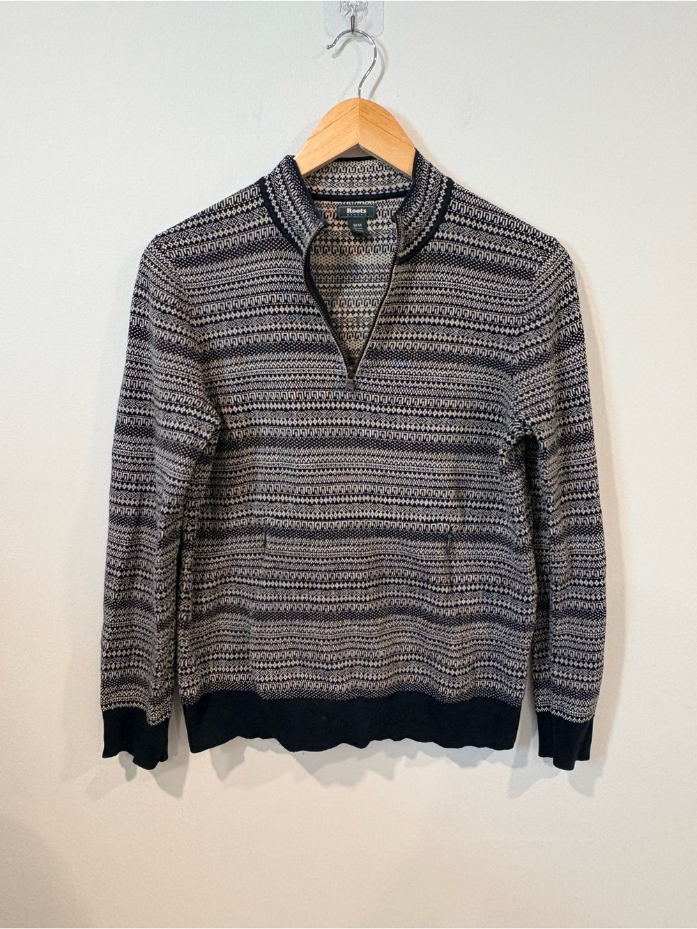 Roots Fair Isle Half Zip Sweater | Black & Cream | Size Medium - Picture 2 of 10